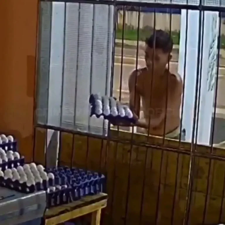 Shirtless Man Pulls Egg Trays Through Metal Bars on Camera
